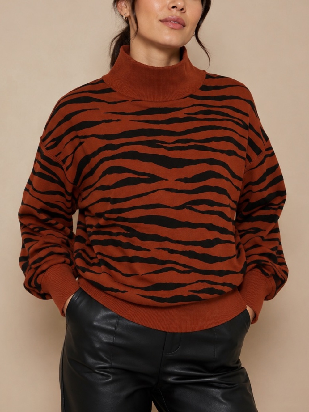 Treasure & Bond Zebra Tiger Striped Mock Tunic Oversized Sweatshirt Size XXS